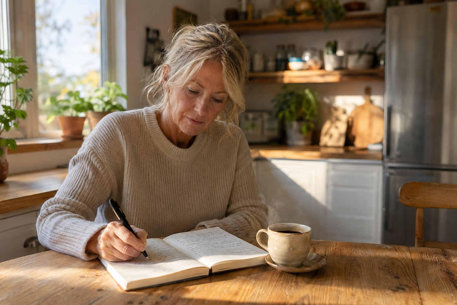 A woman writing in a symptom log at her kitchen table in morning light