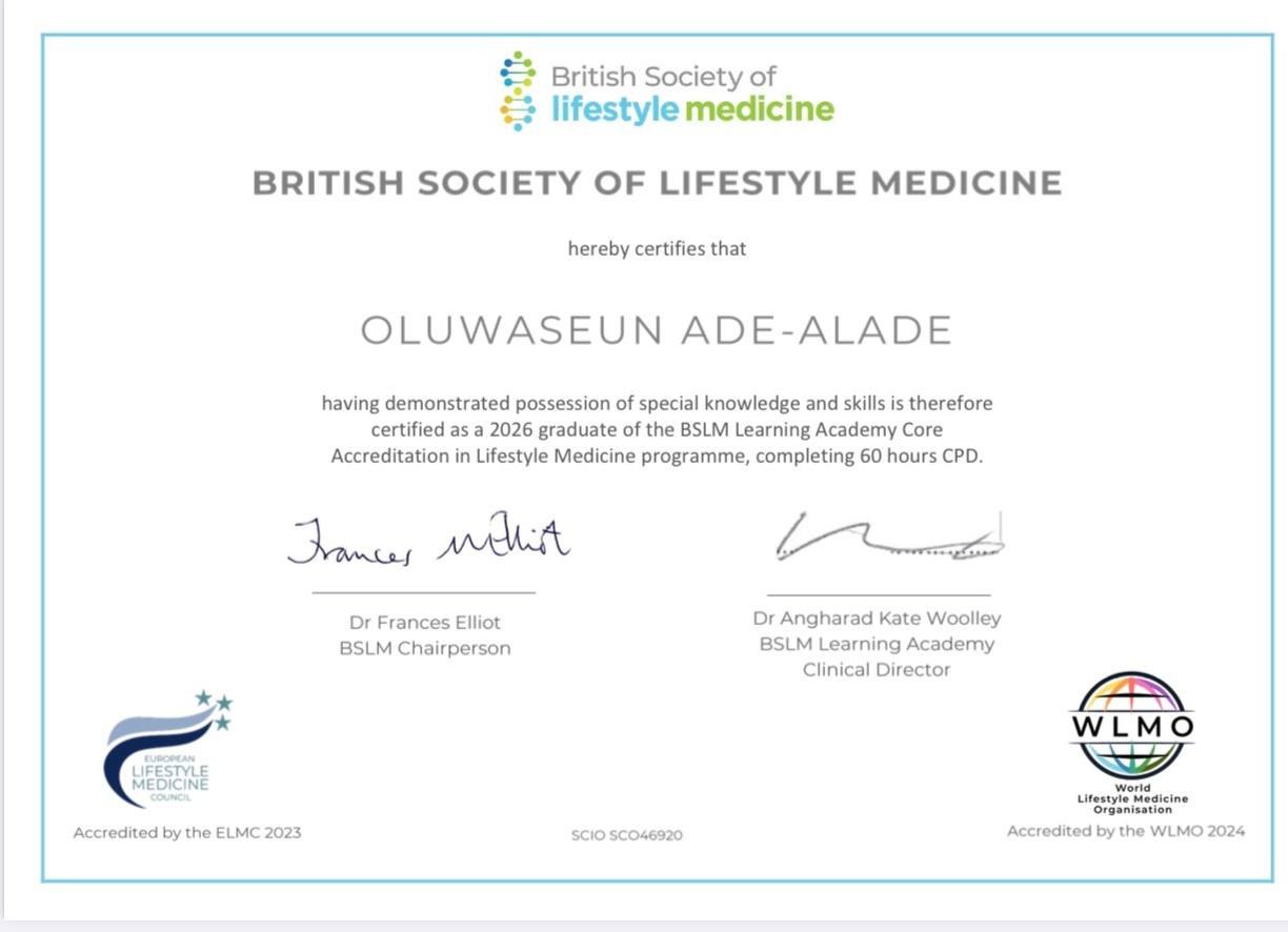 Lifestyle Medicine Core Award certificate from the British Society of Lifestyle Medicine issued to Dr Oluwaseun Ade-Alade