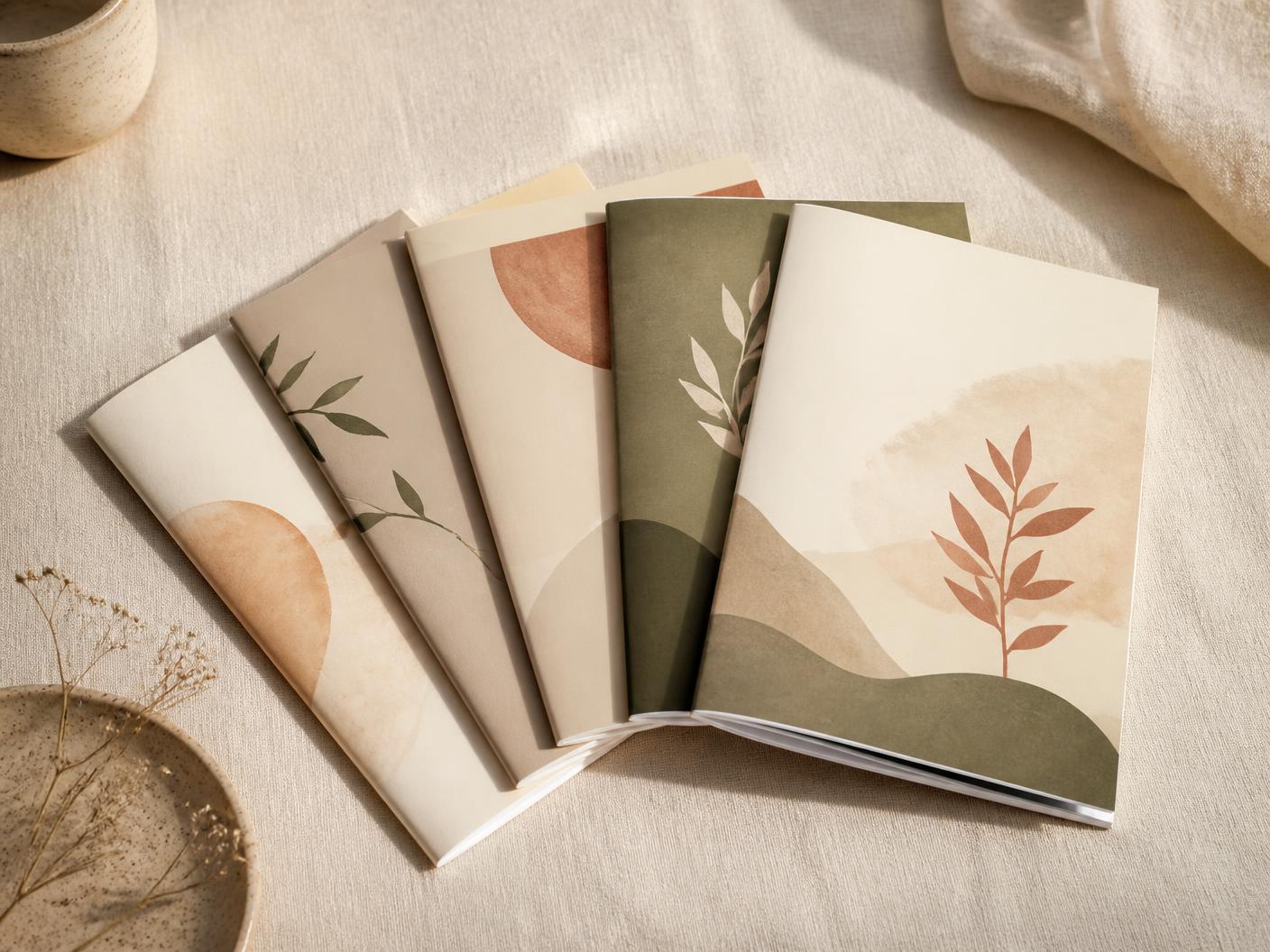 All five Balanced Feminine Path guides fanned together on a linen surface