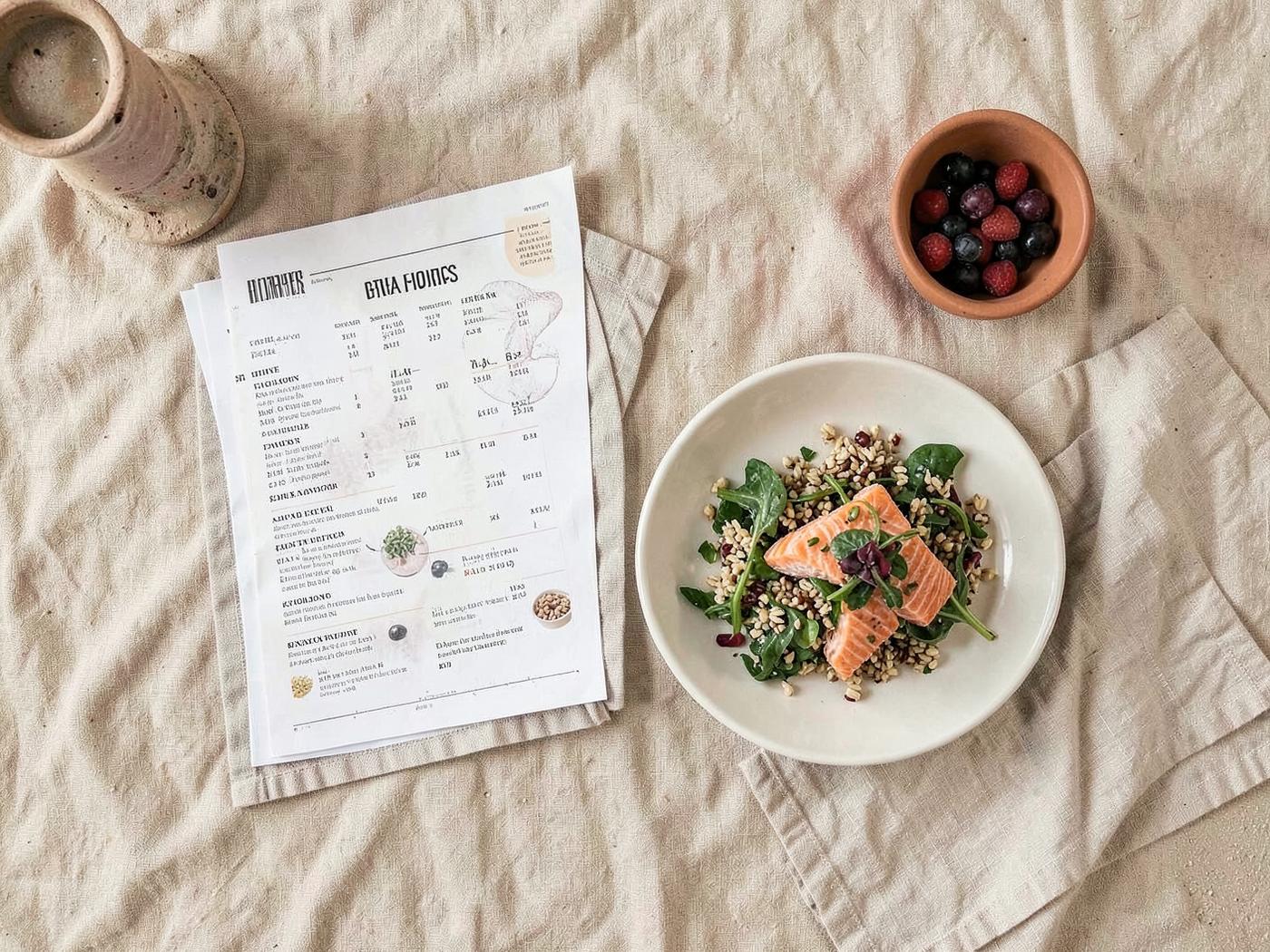 Perimenopause Meal Plan for Energy and Mood printed pages laid out on a linen surface