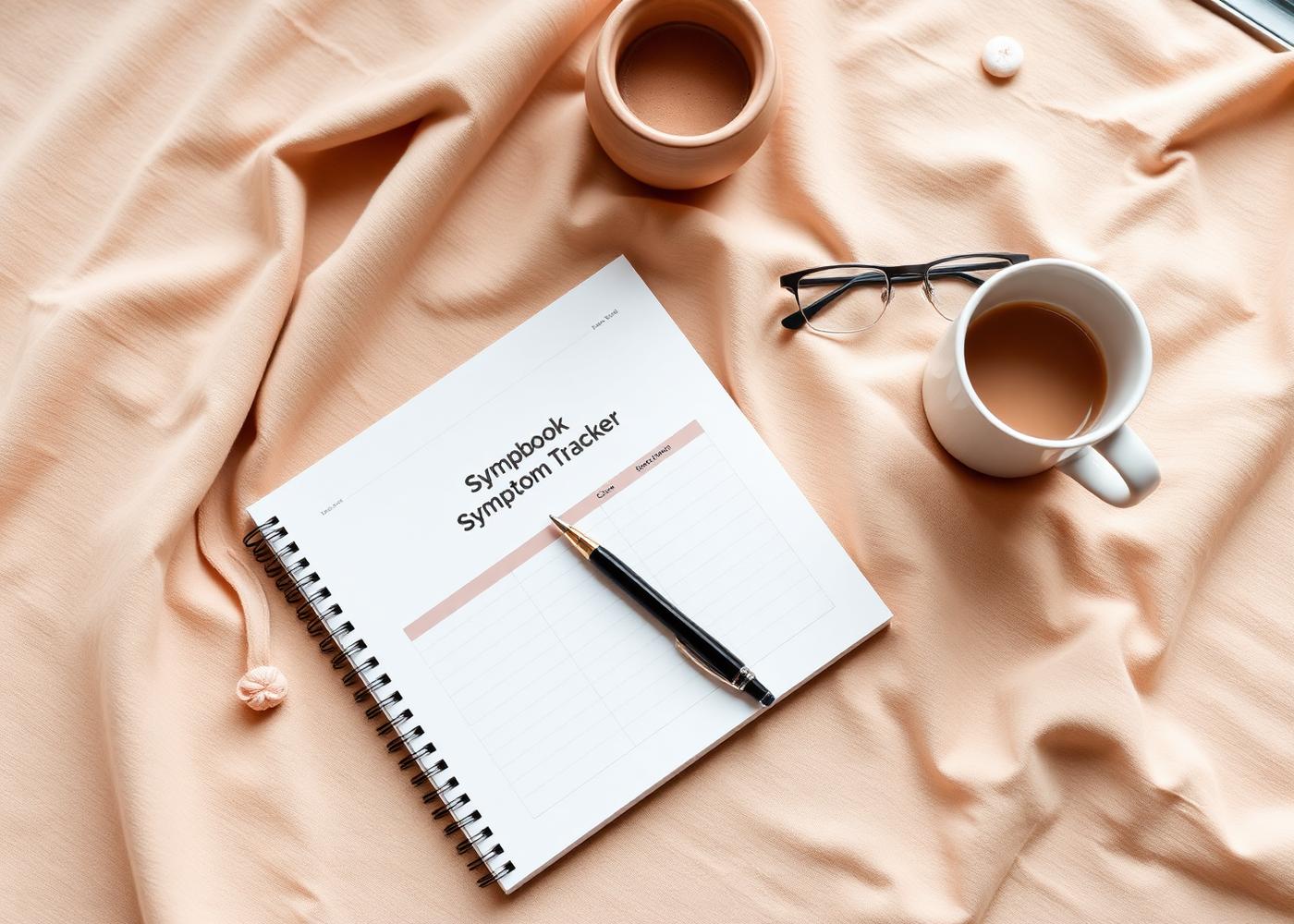 Printed symptom tracker pages, a pen, reading glasses and a mug on a table